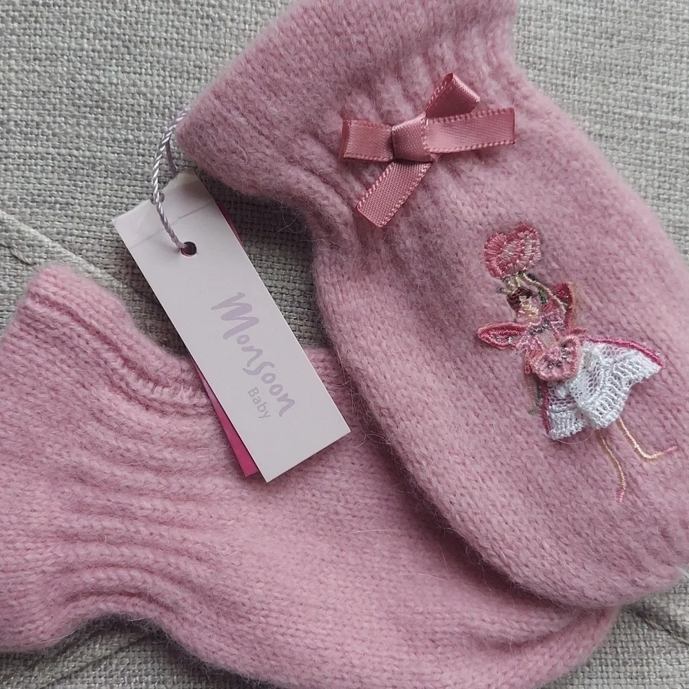 Monsoon Mittens bow embroidery fairy princess - pink - size toddler 1-3 yrs